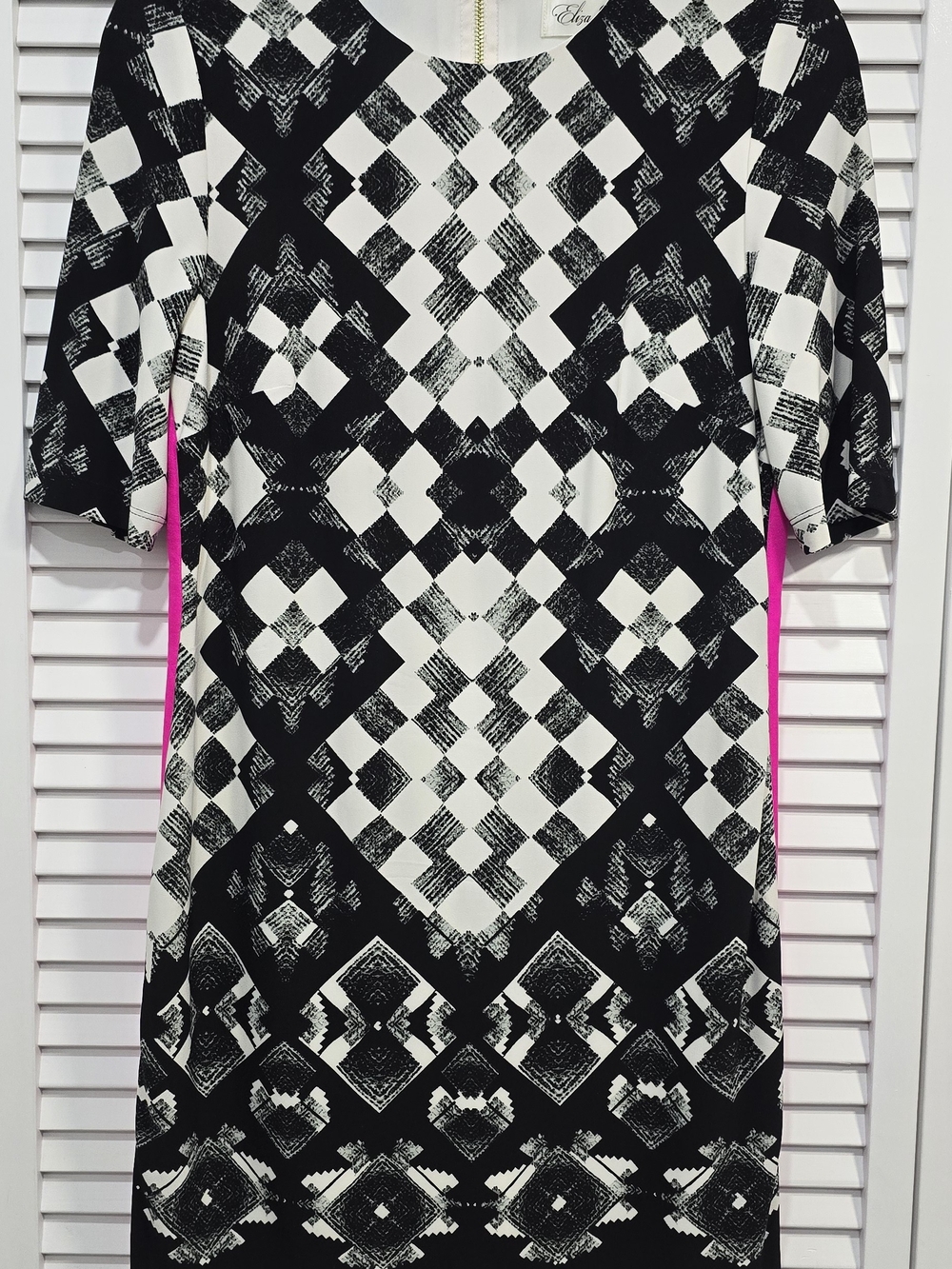 Eliza J Black and White Geometric Midi Dress with Pink Side Panels